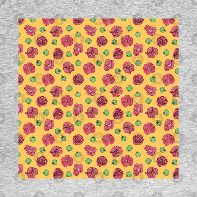 Poppies flowers and seeds pattern - Yellow by PrintablesPassions